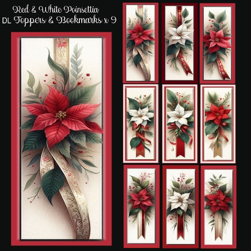 Red & White Poinsettia DL Toppers & Bookmarks x 9