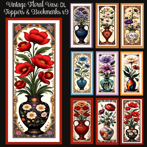 Vintage Floral Vase DL Toppers & Bookmarks x 9