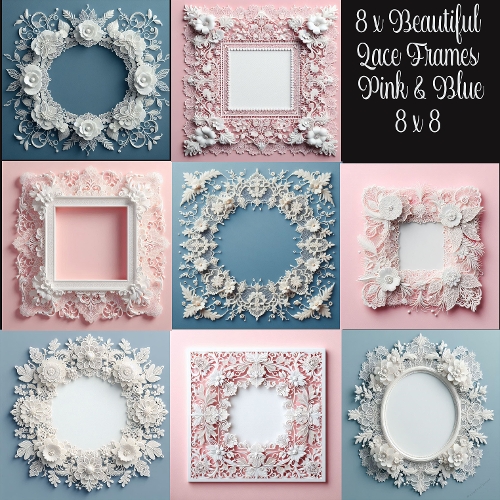 8 x Beautiful Lace Backgrounds/Frames Pink & Blue 8 x 8