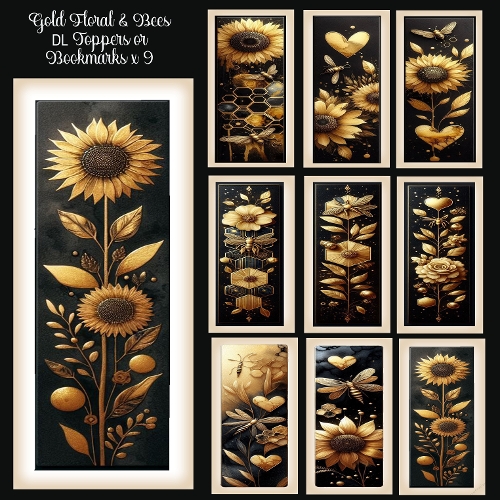 Gold Floral & Bees DL Toppers or Bookmarks x 9 