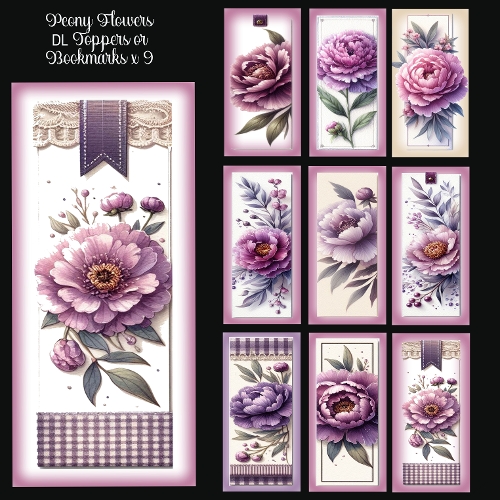 Peony Flowers DL Toppers or Bookmarks x 9 
