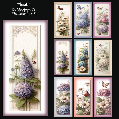 Floral 3 DL Toppers Or Bookmarks x 9 