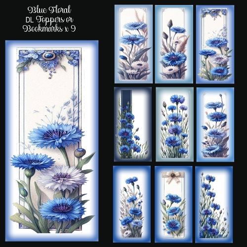 Blue Floral DL Toppers & Bookmarks x 9