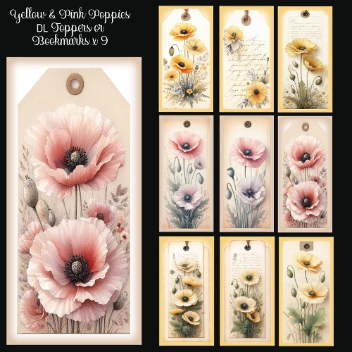 Yellow & Pink Poppies DL Toppers or Bookmarks x 9 