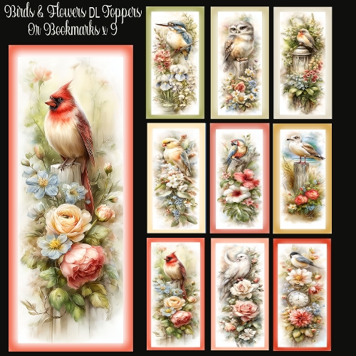 Birds & Flowers  DL Toppers Or Bookmarks x9
