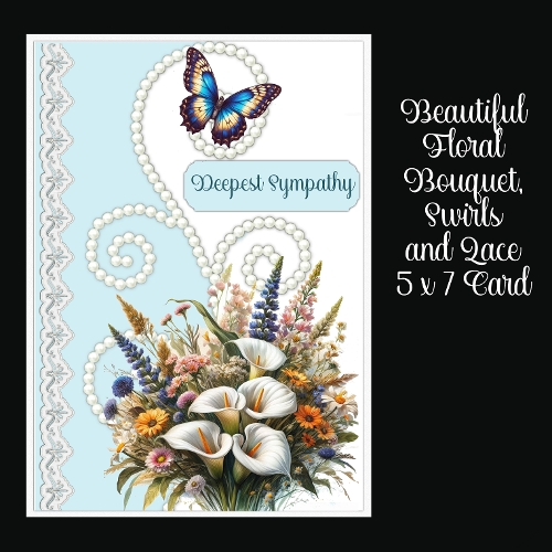 Beautiful Floral Bouquet, Swirls & Lace  5 x 7 Card