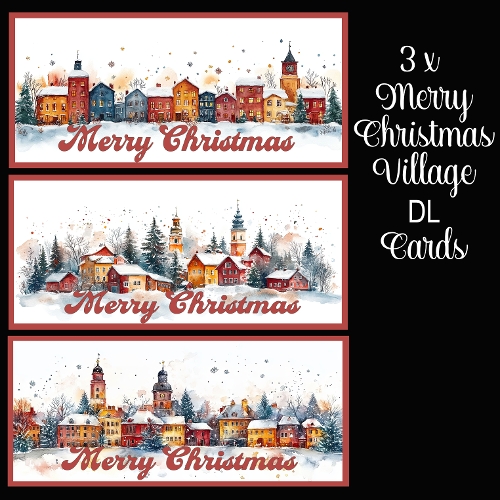 3 x Merry Christmas Village DL Cards