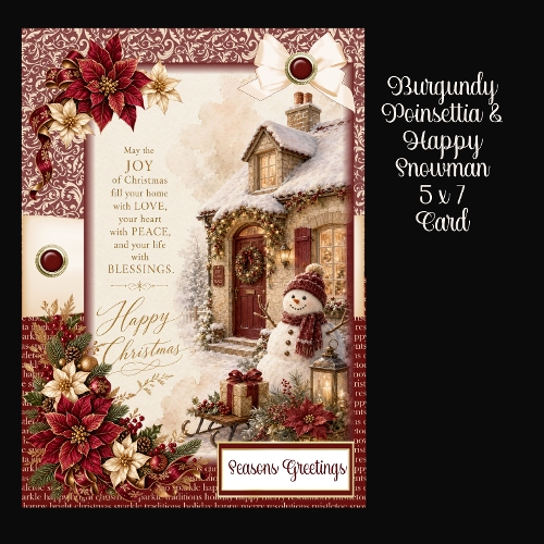 Burgundy Poinsettia & Happy Snowman 5 x 7 Card