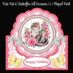 Cute Cat & Butterflies All Occasions 7 x 7 Shaped Card