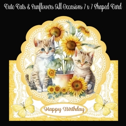 Cute Cat & Sunflowers All Occasions 7 x 7 Shaped Card