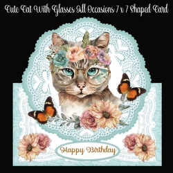 Cute Cat with Glasses All Occasions 7 x 7 Shaped Card