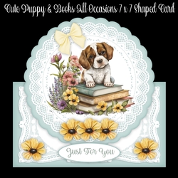 Cute Puppy & Books 7 x 7 All occasions Shaped Card
