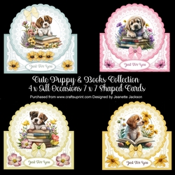 Cute Puppy & Books Collection 4 x All Occasions 7 x 7 Shaped Cards