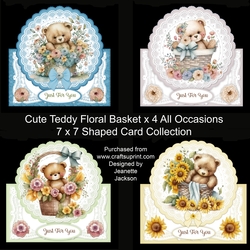 Cute Teddy Floral Basket x4 All Occasions 7 x 7 Shaped Cards