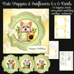 Cute Puppies and Sunflowers 6 x 6 All Occasions Cards x 4