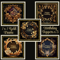 7 x 7 Gold Floral Frame Birthday Toppers x 5