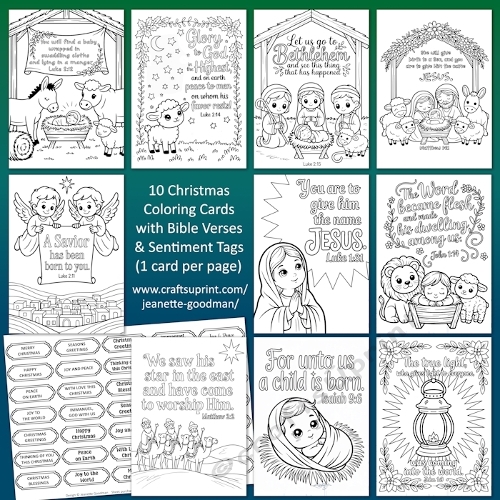 10 Kawaii-style Christmas Bible Verse Colouring Cards 