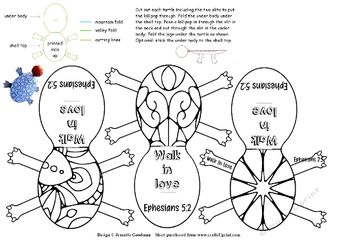 Bible verse colouring turtle lollipop holders – Walk in love