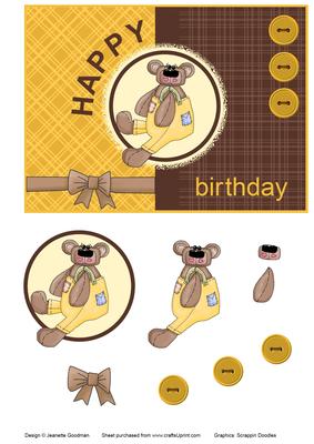 Teddy Bear Birthday Card in Brown and Yellow