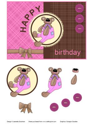 Teddy Bear Birthday Card in Brown and Pink