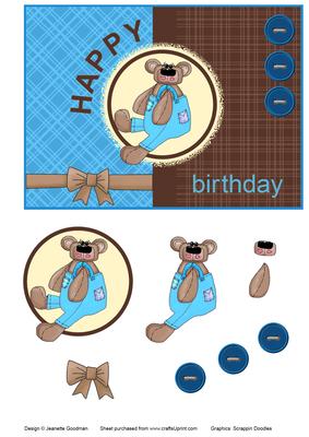 Teddy Bear Birthday Card in Brown and Blue