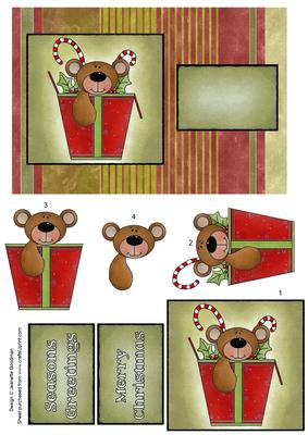 Watercolor on Canvas Christmas Teddy Bear in a Gift Box