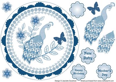 Delft Blue Peacock and Butterfly with Flowers