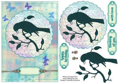 Art Journal Silhouette Bird with Blue Butterflies Card