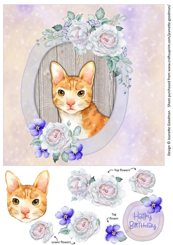 Ginger Cat with Peonies Printable Card 