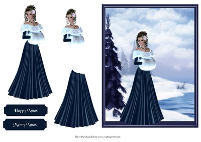 Blue Xmas Lady Card Front with Decoupage