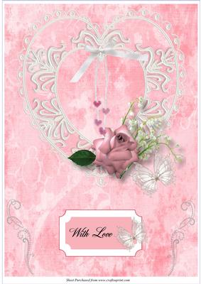 A4 Pink Card with Lace Heart & Rose