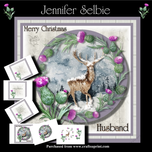 Deer in the snow with thistles for Husband