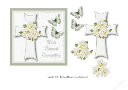 Sympathy Card Lilies on Cross with Butterflies 6 x 6