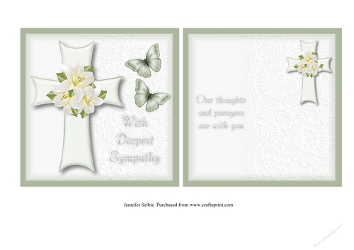 Sympathy Card Lilies on Cross with Butterflies with Insert 6 x 6