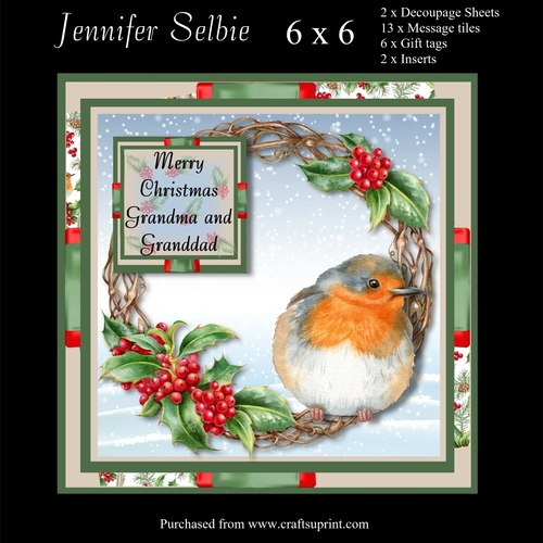 Robin Sitting on Christmas Wreath card size 6 x 6