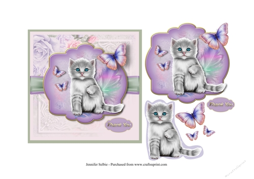 Thank You Kitten with Butterflies and Feather