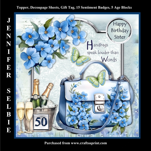Beautiful Handbag with Forget Me Nots and champagne age 21,30,40,50,60