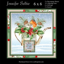 Robin on Watering Can card size 6 x 6