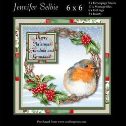 Robin Sitting on Christmas Wreath card size 6 x 6
