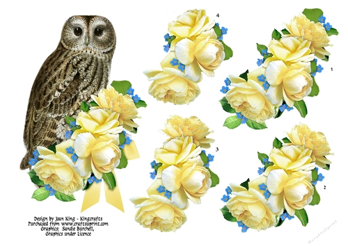 Owl and yellow roses