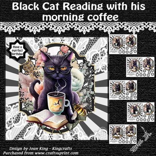 Black cat reading with his morning coffee 5 sheets in the kit