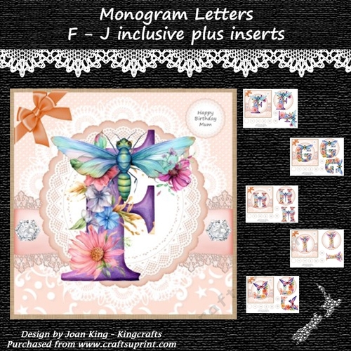 Monogram letters with decoupage F - J inclusive plus inserts
