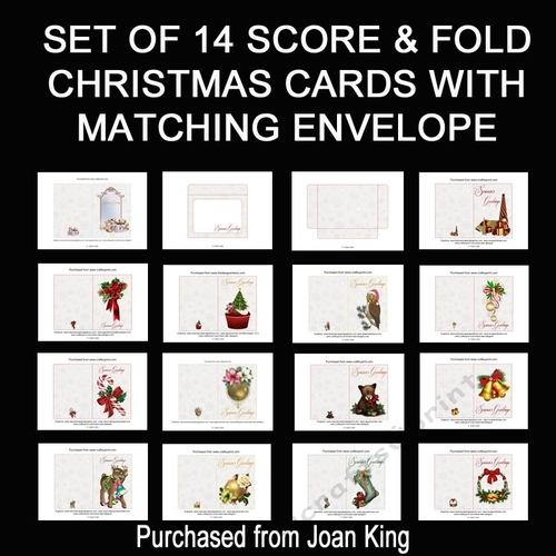 Set of 14 score & fold 6 x 4 inch Christmas cards with matching envelope.