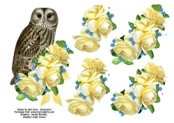 Owl and yellow roses