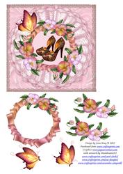 Pansies and Shoes on Lace Background