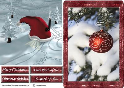 2 Card Fronts a Santa Hat House & Bauble in Snow
