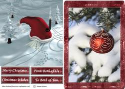 2 Card Fronts a Santa Hat House & Bauble in Snow