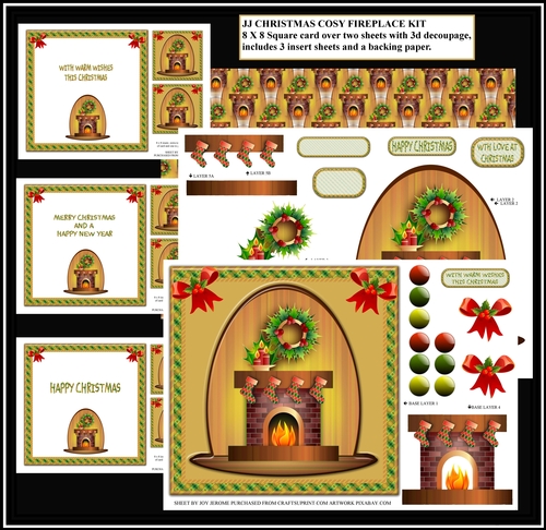 JJ CHRISTMAS COSY FIREPLACE 8X8 SQUARE CARD MINI KIT