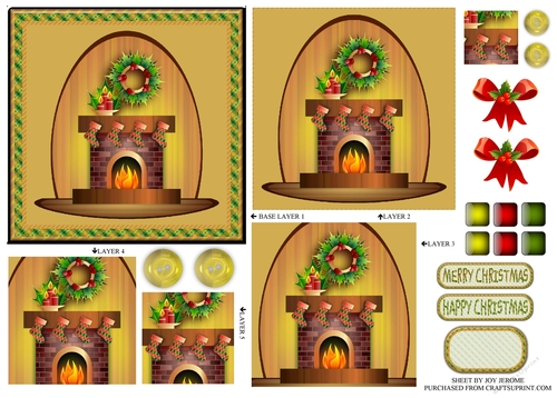 JJ CHRISTMAS COSY FIREPLACE 5x5 SQUARE CARD PYRAMID DECOUPAGE SHEET