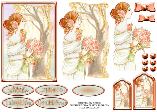  JJ ART NOUVEAU LADY WITH ROSES 6X4 DECOUPAGE